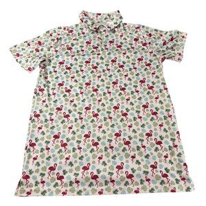Boys Flamingo & Tropical Print BCG Golf Short Sleeve Button Up Polo Size XL18/20